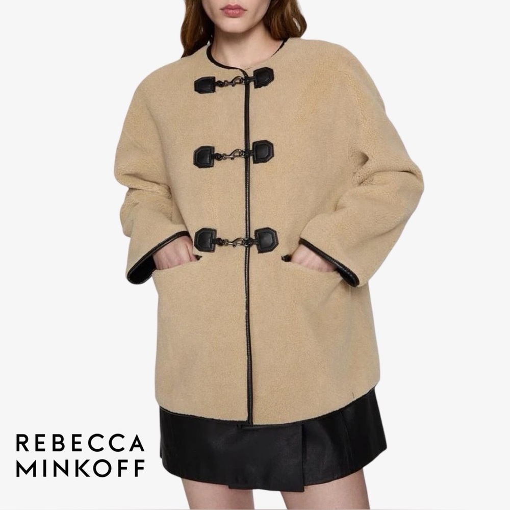 Rebecca Minkoff Beige Shearling Toggle Coat with Black Trim